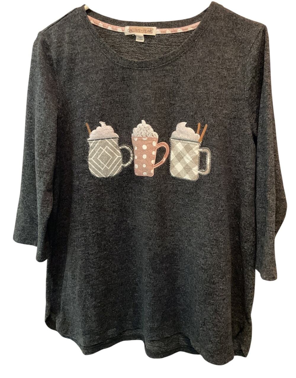 Cactus + Pearl Women’s Size Large Gray 3/4 Sleeve Shirt Three Mug Cozy Sweater